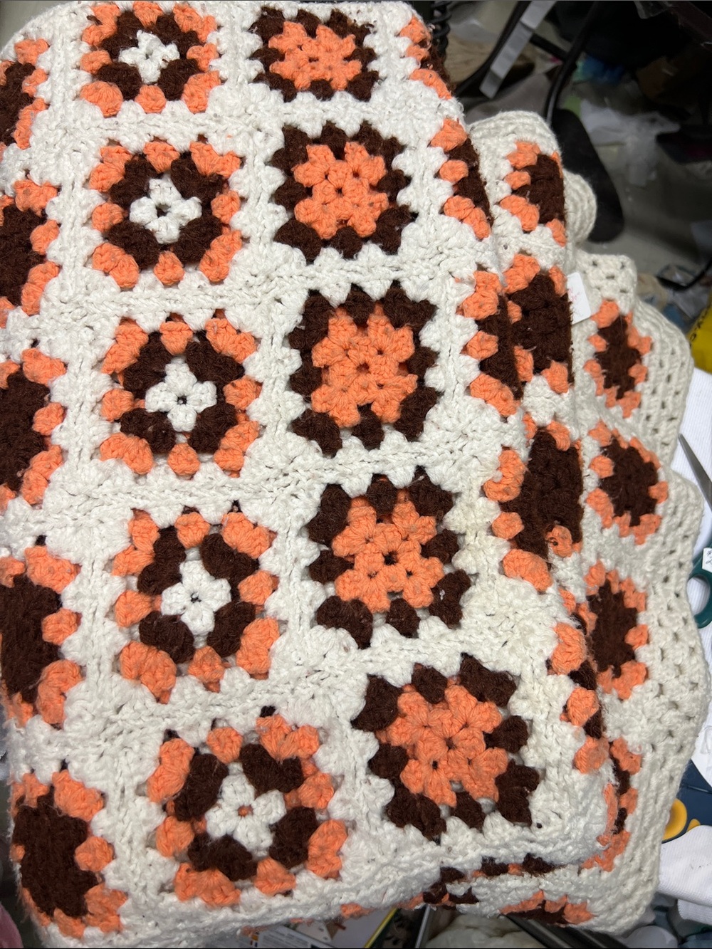 Handmade Crochet Granny Square Blanket in Cream, Peach & Brown